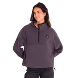 Buzo polar verde oscuro de microfleece, con cierre medio frontal con tirador con logo de Cat, bolsillo tipo canguro con costura divisoria, banda ajustable y parche de silicona con el logo de Caterpillar en el pecho izquierdo.