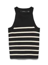 Top tejido sin mangas con cuello redondo, a rayas horizontales blancas y negras. Confeccionado en punto plano con mezcla de viscosa Livaeco, poliéster reciclado y nailon. Diseño de calce regular y textura suave.