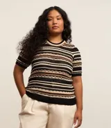Blusa de punto ligero con cuello redondo, mangas cortas y rayas horizontales en negro, beige y blanco.