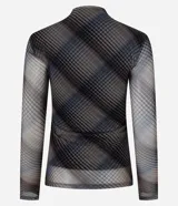 Blusa de tul de manga larga con cuello alto y estampado de cuadros escoceses en tonos marrones, azules y grises.