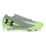 Championes de fútbol Under Armour Shadow Elite 3 FG, color gris con detalles en verde flúor y logo negro.