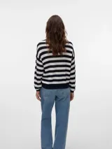 Sweater de punto con rayas horizontales en azul marino y blanco, cuello redondo y corte estándar.