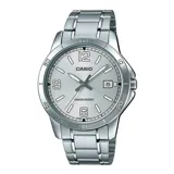 Reloj Casio modelo MTPV004D-7B2UDF para hombre, con caja y correa de acero color plateado, esfera plateada con agujas e indicadores luminiscentes, calendario y cristal mineral. Resistente al agua.