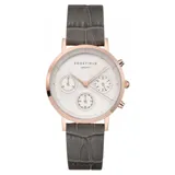 Reloj Rosefield con caja redonda color oro rosa, esfera blanca con tres subesferas y agujas doradas. Correa de cuero gris con textura de cocodrilo.