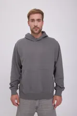 Hoodie gris de manga larga con capucha, corte holgado y bolsillo canguro.