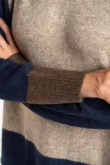 Sweater de tejido de punto con diseño color block. Cuerpo principal en beige jaspeado, mangas y puños en azul marino, y detalles en marrón en el cuello y puños.