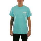 Remera celeste con logo Thrasher estampado en el pecho.
