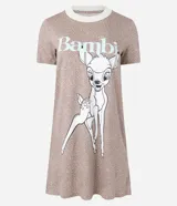 Camisón corto de manga corta, color beige con estampado de puntos pequeños, cuello redondo con borde contrastante color crema y estampado frontal de Bambi con la palabra "Bambi".