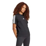 Remera Adidas Essentials 3S de mujer, color negro con cuello redondo y mangas cortas. Presenta las tres rayas características de Adidas en blanco a lo largo de las mangas y el logo de la marca en el pecho.