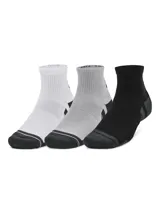 Pack de tres pares de medias deportivas unisex Under Armour Performance Tech, corte tobillero, en color blanco, gris y negro.