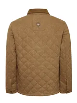 Chaqueta acolchada gris con patrón de rombos, cuello de pana marrón, cierre con broches metálicos, bolsillos frontales y bolsillo interno.