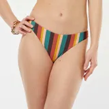 Conjunto de bikini de rayas verticales en tonos marrón, verde, naranja y amarillo. El corpiño es de triángulo con tirantes finos y la braguita es de corte clásico.