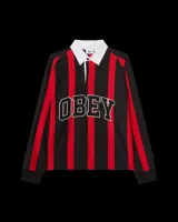 Camisa tipo polo de manga larga Obey, con diseño a rayas verticales rojas y negras, cuello blanco y logo bordado en el pecho.