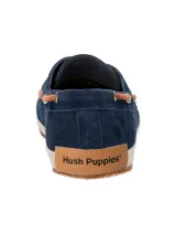 Mocasines náuticos de cuero azul marino con cordones marrones, ojales metálicos y suela de yute.