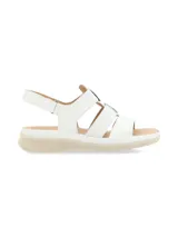 Sandalia negra con tiras de cuero y elástico con glitter, suela liviana y anatómica, tira trasera con velcro para ajuste.