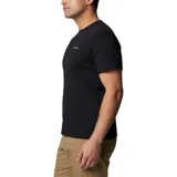 Remera negra de algodón orgánico, con cuello redondo y logo de Columbia estampado en el pecho.