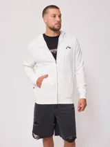 Canguro blanco con cierre frontal, capucha con cordones ajustables y logo de la marca bordado en el pecho.