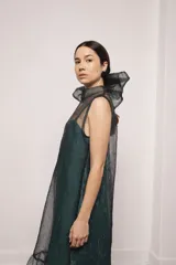 Vestido largo verde esmeralda con cuello alto y corte amplio. Incluye un viso liso al tono. El cuello presenta un detalle de volados de tul negro. Sin mangas.