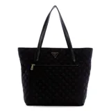 Bolso tipo tote Guess Jaxi Grande, color negro con diseño acolchado en forma de rombos, logo triangular dorado en el frente, doble asa de hombro y bolsillo externo con cierre.