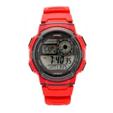 Reloj digital Casio modelo AE1000W-4AVDF con caja y correa de resina color rojo, esfera de 48mm con mapa mundial para la hora mundial y pantalla analógica LCD. Resistente al agua hasta 100 metros y con batería de 10 años de duración.