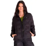 Campera puffer azul con cierre frontal, cuello alto y logo de la marca bordado en el pecho.