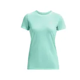 Remera Under Armour Tech Twist de mujer, color rosa jaspeado, de corte entallado, con mangas cortas y cuello en V.