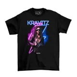 Remera negra de algodón con estampado de Lenny Kravitz con efecto neón en tonos violeta y azul.