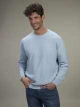 Sweater gris de algodón con cuello redondo.