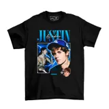Remera negra de algodón con estampado de Justin Bieber.