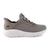 Championes deportivos Skechers Slip-Ins Bobs Sport Squad Chaos, color gris topo con cordones elásticos y plantilla Skechers Memory Foam. Diseñados con Heel Pillow para un ajuste fácil y seguro.