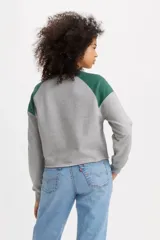Buzo gris con mangas raglán verde oscuro y logo bordado en el pecho.