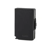 Billetera negra compacta con doble caja de aluminio incorporada, espacio para 10 tarjetas y 2 adicionales en los bolsillos laterales de cuero. Cuenta con tecnología RFID, espacio para libreta de conducir y sección interna para billetes. Fabricada con tela X-Pac.