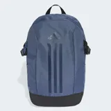 Mochila Adidas Power azul con detalles en negro y logo de la marca en el frente. Cuenta con múltiples bolsillos, compartimento acolchado para laptop y correas de compresión laterales.