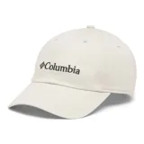 Gorra unisex de algodón color crema con logo de Columbia bordado en negro en el frente. Cuenta con cierre de velcro ajustable en la parte posterior.