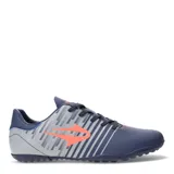 Championes de fútbol 5 para hombre, con diseño moderno en tonos azul marino y detalles en naranja, ideales para rendimiento en el juego.