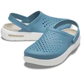 Zuecos Crocs modelo InMotion, con diseño deportivo y ergonómico. Presentan una parte superior perforada en color azul con tecnología Free Feel™ para mayor flexibilidad y una suela gruesa de plataforma en color blanco con amortiguación LiteRide™.