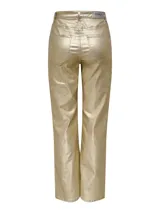 Pantalón dorado de twill con cintura alta y corte de pierna ancha. Cierre de botones y cremallera, con bolsillos delanteros y traseros, y pasadores para cinturón.