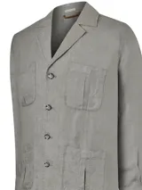 Chaqueta tipo blazer RKF Fornillo confeccionada en lino orgánico color gris, con cuello de solapa, cierre con botones y múltiples bolsillos con fuelle.