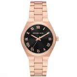 Reloj Michael Kors modelo Lennox, con caja y pulsera de acero inoxidable color oro rosa, esfera negra con números romanos y agujas color oro rosa.