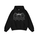 Canguro negro con capucha ajustable, corte oversize y doble estampa en el pecho con diseño de gárgolas y letras góticas.