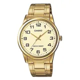 Reloj analógico Casio con correa de acero inoxidable dorada, esfera color crema con números arábigos dorados y cristal mineral. Resistente al agua hasta 30 metros.