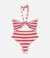 Malla enteriza de microfibra rayada en rojo y blanco, con lazo en el cuello, recortes cutout y copas desmontables.