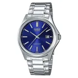 Reloj de pulsera de acero inoxidable con esfera azul y correa de malla.