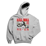 Canguro gris con capucha y bolsillo frontal, con estampado de la película Kill Bill en rojo y negro.