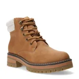 Botas de caña baja color marrón claro con cordones y cuello tejido en color crema.