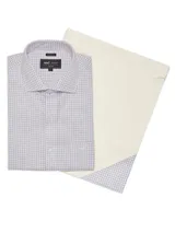 Camisa de vestir a rayas verticales celestes y blancas, de corte regular, con cuello italiano, manga larga y bolsillo en el pecho con logo bordado.