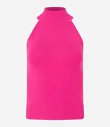 Blusa sin mangas color fucsia, con cuello halter y textura acanalada.