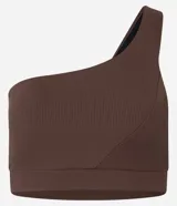 Top deportivo marrón de microfibra acanalada, con un solo tirante ancho, corte asimétrico y copas removibles.