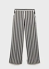 Pantalón largo de mujer con estampado de rayas verticales en blanco y negro, corte recto y bajo con vuelta.