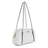 Cartera de hombro Guess modelo Cerelia, color blanco con logo dorado estampado en el frente y herrajes dorados.